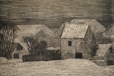 »Dorf im Schnee« (Holzriss von Werner Wittig/1970)